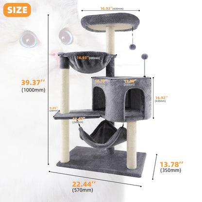 39.37" Cat Tree Cat Tower with Cat Condo and Big Hammock for Indoor Small Cats,Grey